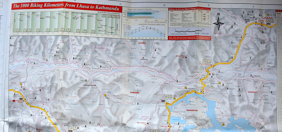 Mappa del tour in mtb o bici da Lhasa a Kathmandu